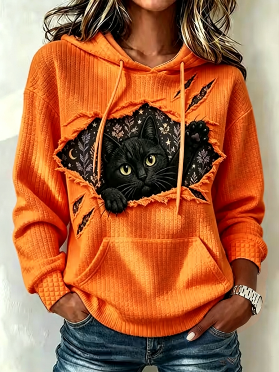 Gato bonito das mulheres impresso moletom com capuz de grande porte