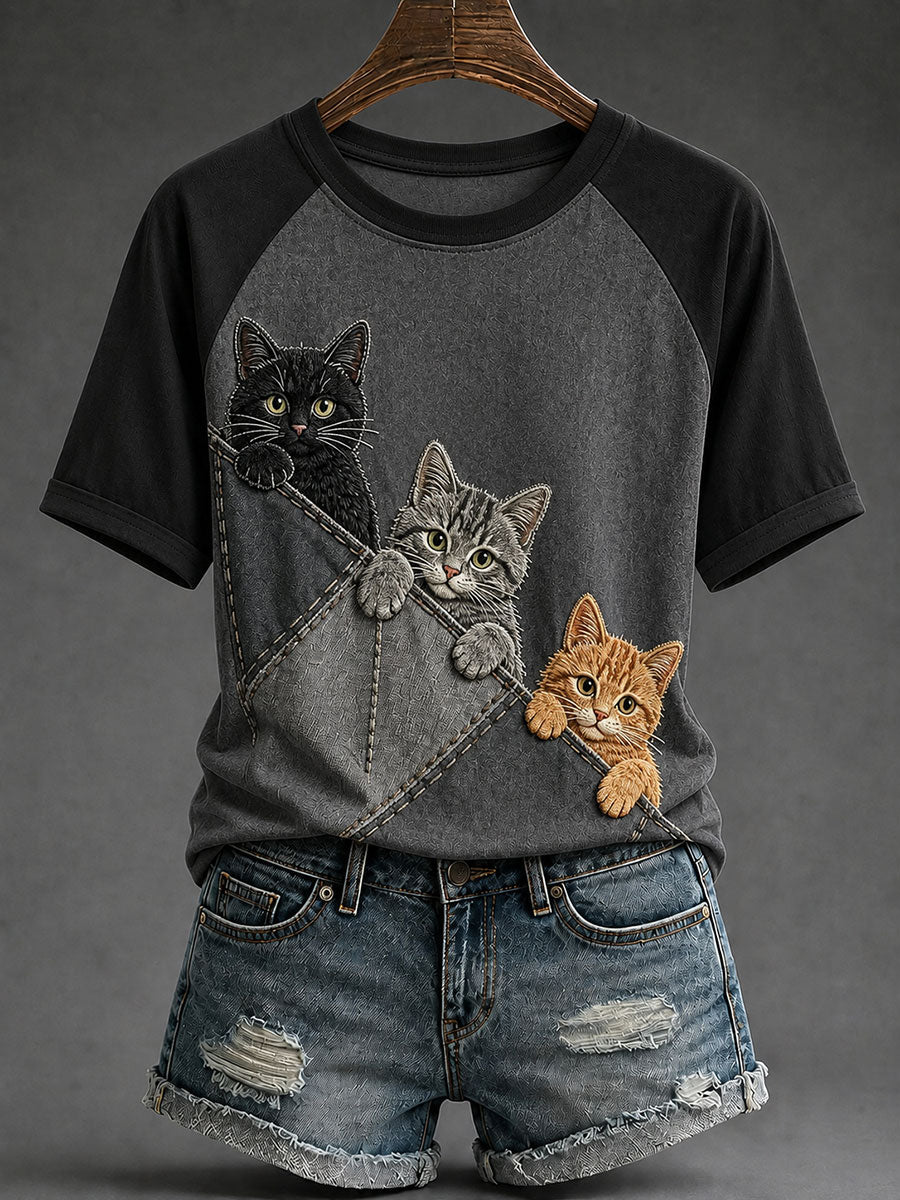 Cate bonito engraçado feminino redondo pescoço t-shirt de manga curta