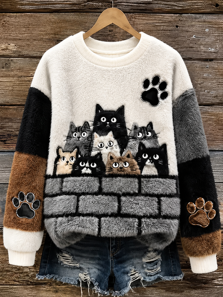 Gato bonito feminino impresso Hoodie de flanela