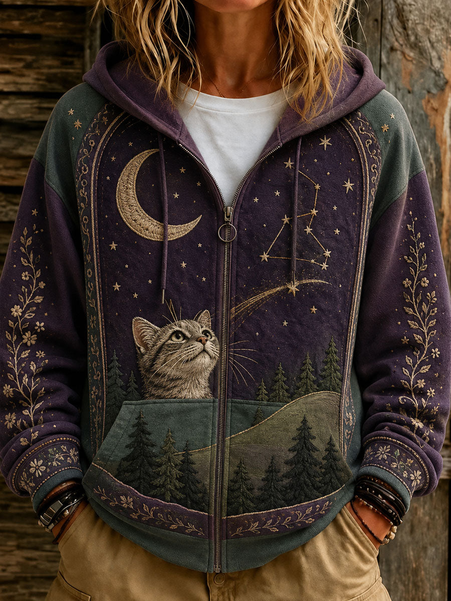 Moletom casual com capuz e estampa de gato da linha Constellation para mulheres