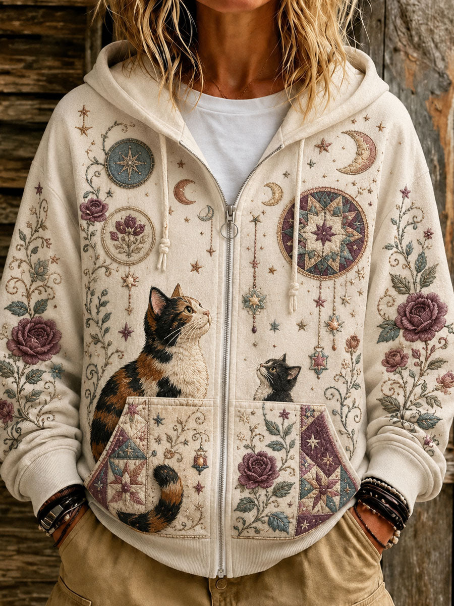 Moletom casual com capuz e estampa de gato da linha Constellation para mulheres