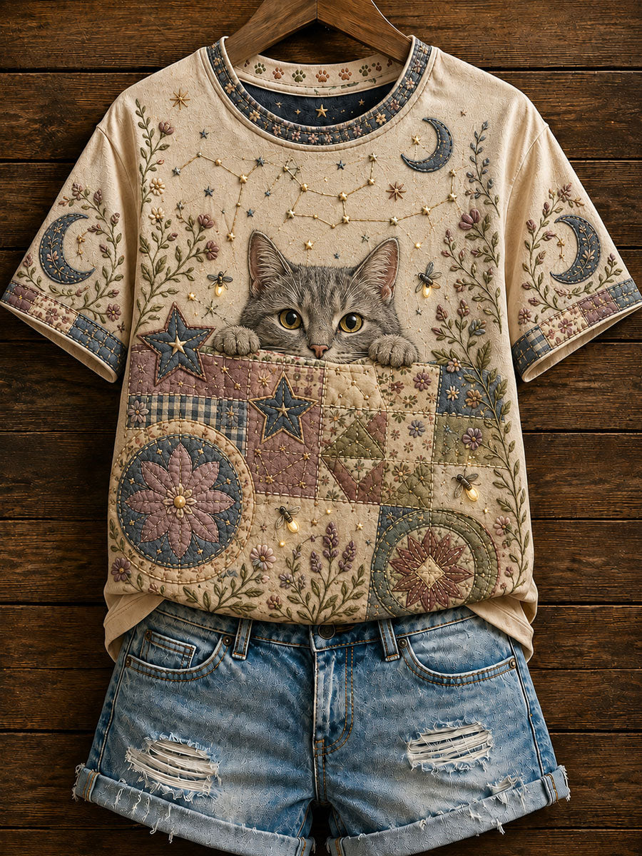 Gato do zodíaco das mulheres imprime camiseta casual de manga curta