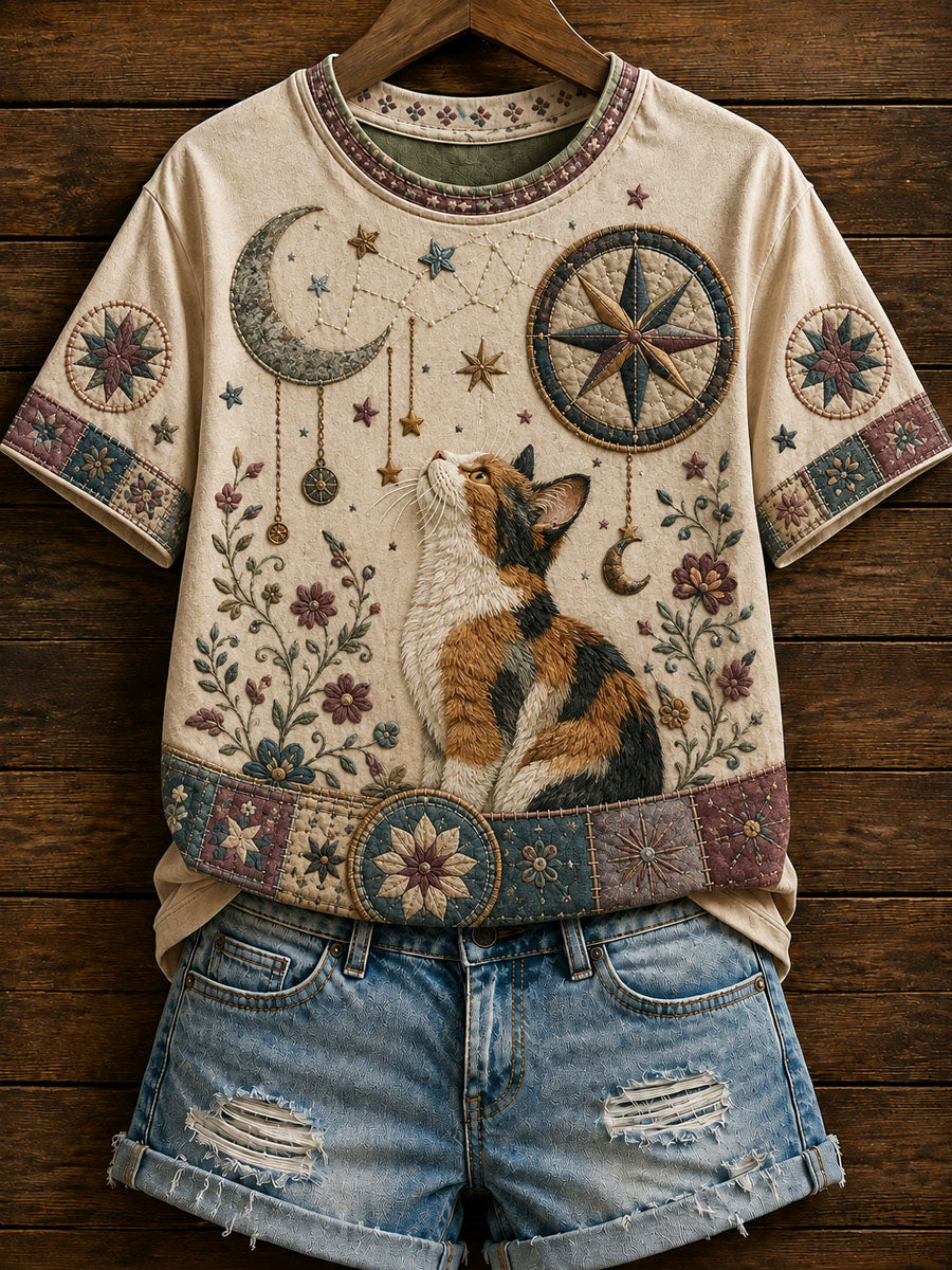 Camiseta Casual de Manga Curta com Estampa de Gato do Zodíaco Feminina