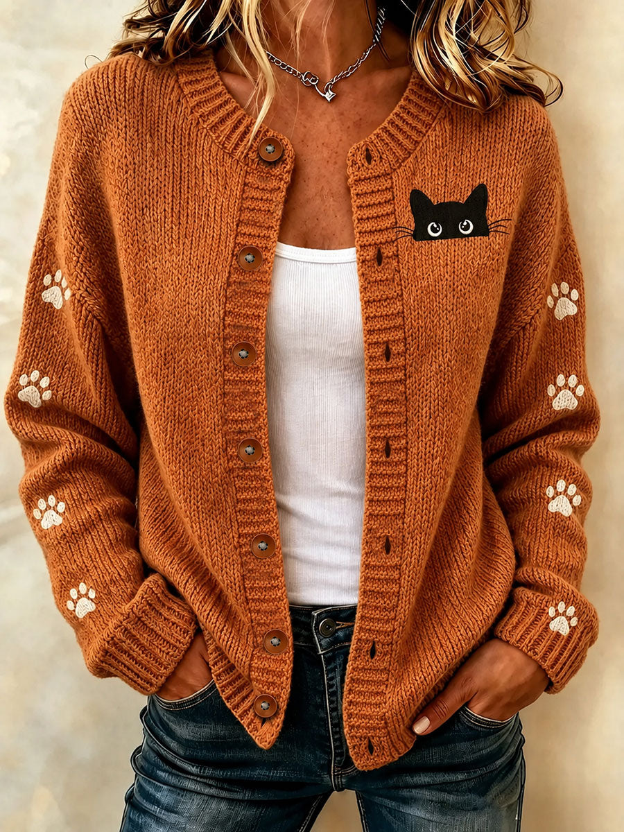Cardigã casual com estampa de arte de gato para mulheres