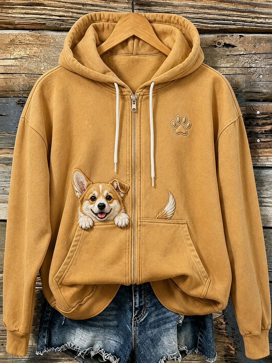 Adorável Espreitar Corgi & patas das mulheres imprimir Zip-Up Hoodie