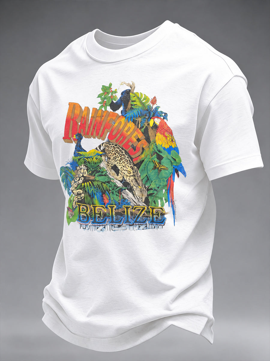 Camiseta de manga curta masculina com estampas tropicais com tema de animais