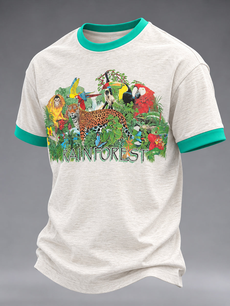 Camiseta masculina de manga curta com estampas tropicais de animais