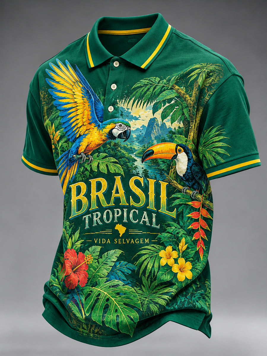 Camisa Polo de manga curta masculina com estampas tropicais de animais temáticos
