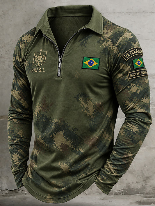 Camisa polo de manga comprida para homem com estampa comemorativa aos veteranos