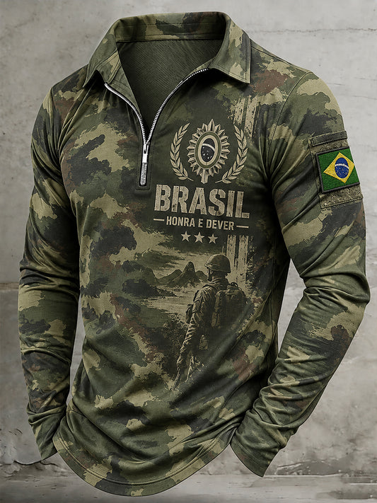 Camisa polo de manga comprida para homem com estampa comemorativa aos veteranos
