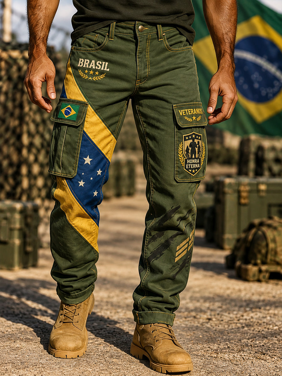 Calças cargo compridas com estampa temática do Memorial dos Veteranos para homens