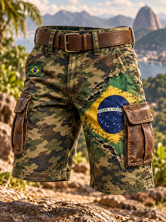 Shorts utilitários de camuflagem-impressão com temática veterana masculina