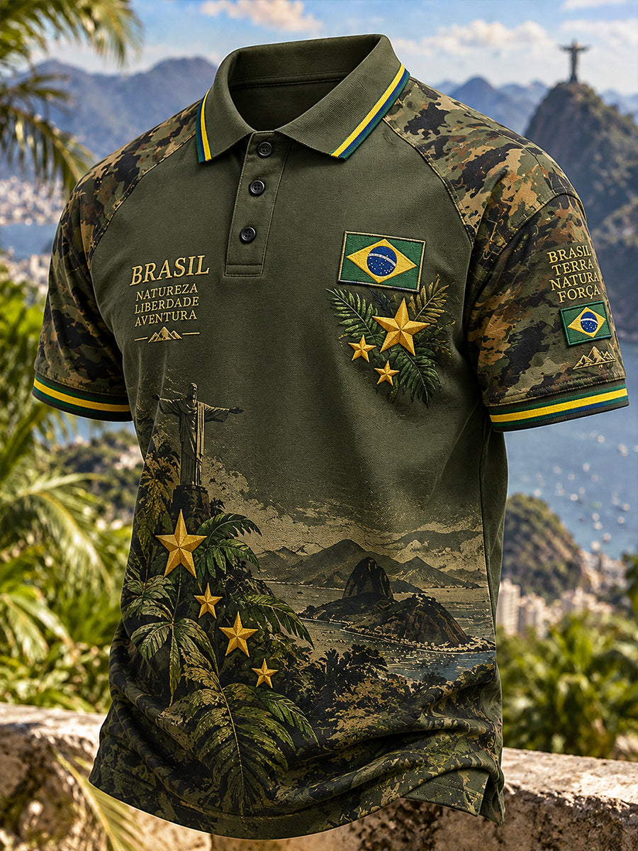 Camuflagem com temática veterana masculina camisa polo de manga curta de impressão comemorativa