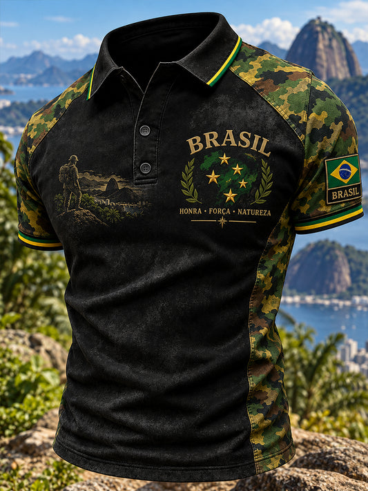 Camisa polo de manga curta com estampa comemorativa em camuflado, tema veterano, para homens