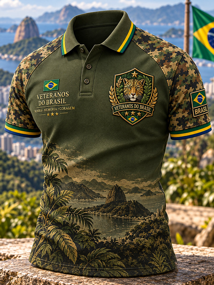 Camisa Polo de manga curta gráfica comemorativa masculina veterana