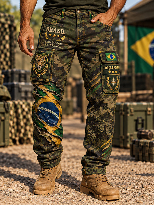 Calças cargo compridas com estampa temática do Memorial dos Veteranos para homens