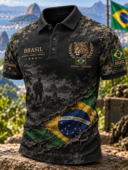 Camisa Polo Masculina de Manga Curta com Estampa Comemorativa para Veteranos