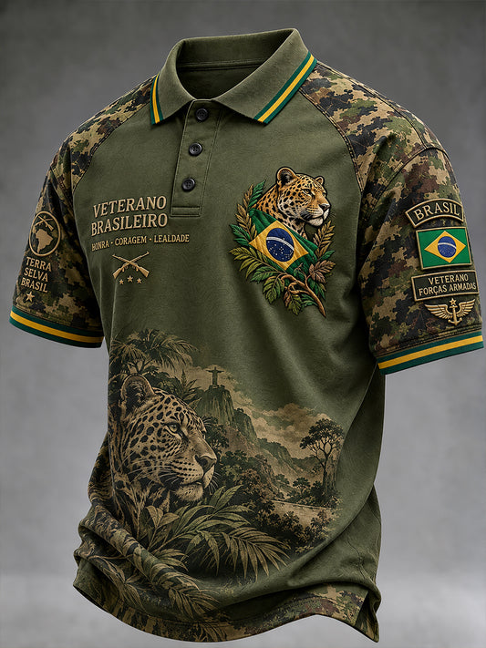 Camisa polo de manga curta para homem com estampa de camuflagem de inspiração militar