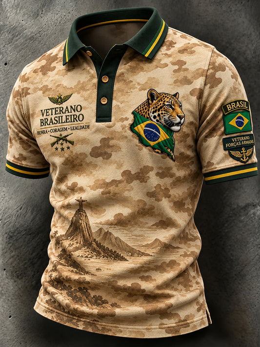 Camisa polo de manga curta para homem com estampa de camuflagem de inspiração militar